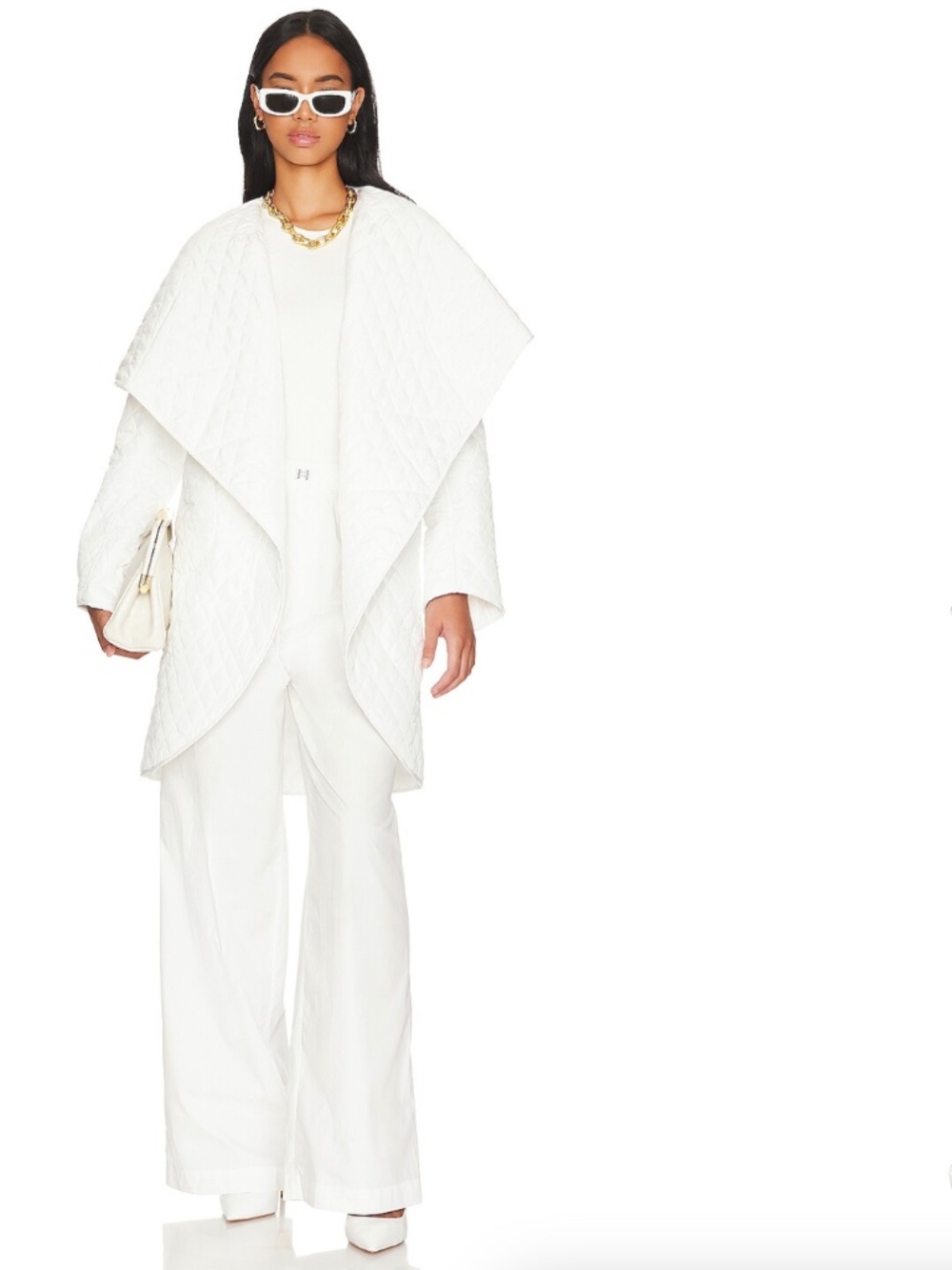 NORMA KAMALI QUILTED SHAWL COLLAR COAT W/ BELT / WHITE / SIZE S